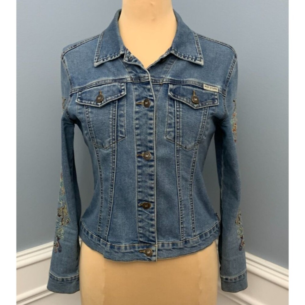 Max Studio Jacket Womens S Denim Embroidered Trucker Fitted Stretch Button Up